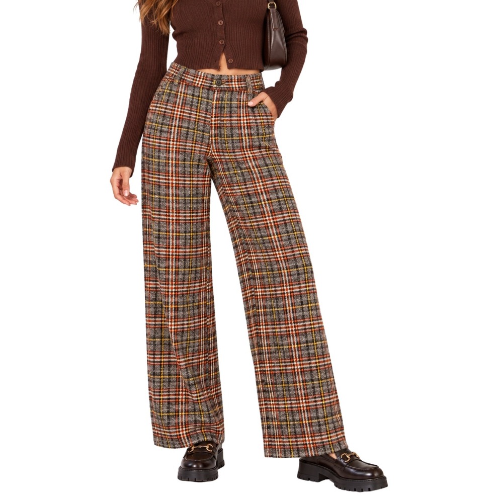Free People Pants Womens Size 4 Brown Red Shape up Plaid Straight Leg Academia